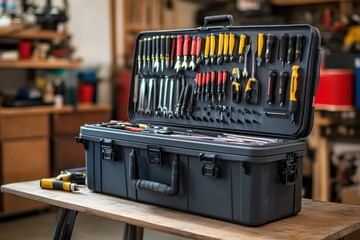 Black Tool Box Open with Various Tools Inside