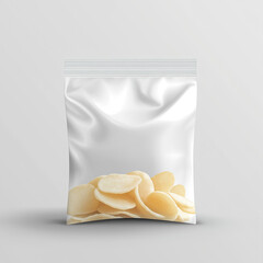 White blank packaging, plastic foil bag for food or chips on a light background with copy space.