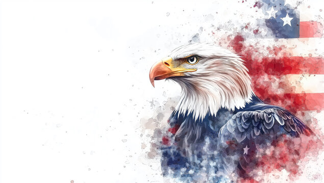Watercolor paint of Bald Eagle with USA American flag white background, color splashes and brush strokes.