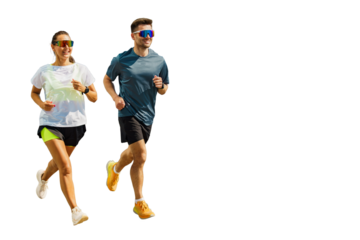 Two Runners Enjoying a Sunny Day While Jogging Together in Athletic Gear, Promoting Fitness and Outdoor Activity