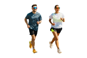 Two Runners Enjoying a Sunny Outdoor Jog While Wearing Colorful Sunglasses in a Vibrant Urban Park Setting
