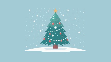 A beautifully decorated Christmas tree stands under gently falling snow on a serene blue background.