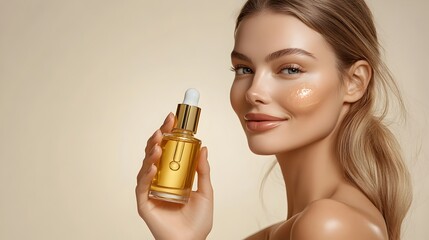 Radiant Model Showcasing Golden Facial Oil Bottle in Elegant Studio Setting