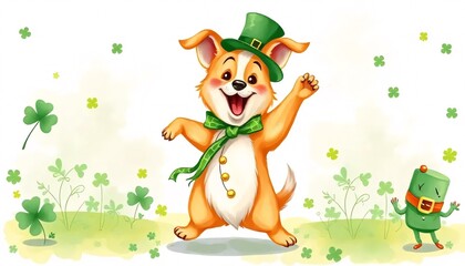Fototapeta premium Playful dog in green hat celebrates St. Patrick's Day with shamrocks