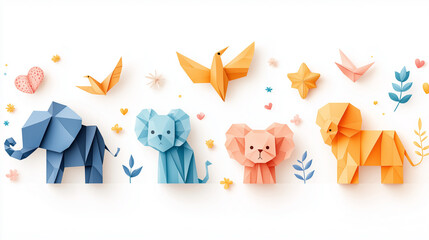 A seamless pattern of playful origami animals in vibrant, cheerful colors , paper cranes, tigers, elephants, and parrots, all decorated with intricate floral and geometric patterns.