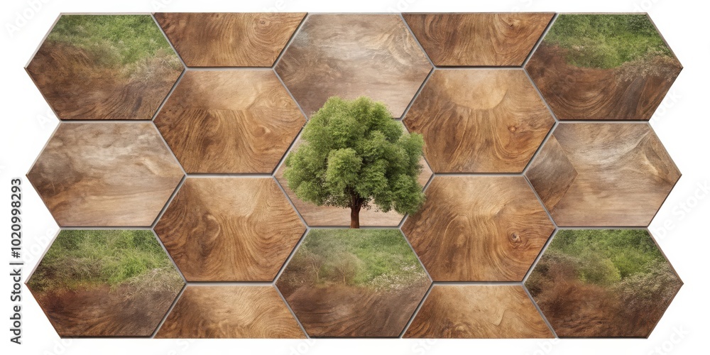 Poster A pattern of hexagonal wood tiles with a single green tree at its center, forming a visual focal point within the rustic design.