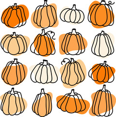 Pumpkin icons.  Outlined pumpkin, pumpkin doodles, pumpkin line.
Vector set.