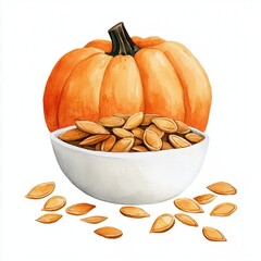 A vibrant pumpkin sits next to a bowl filled with roasted pumpkin seeds, showcasing a delightful autumn theme. watercolor clipart, isolated on white background.