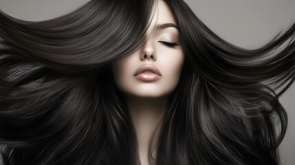 Fototapeta premium Stunning Woman with Shimmering Long Dark Hair in Elegant Studio Portrait