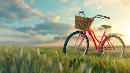 Naklejka premium Red Bicycle with Basket in a Sunlit Grassy Field at Sunset