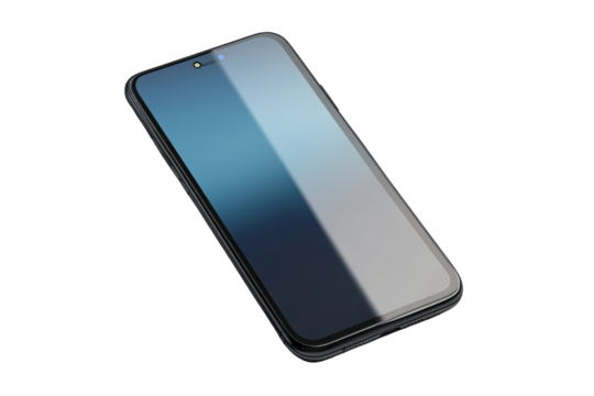 Modern smartphone showcasing a sleek design with a blue gradient screen on a white isolated background.