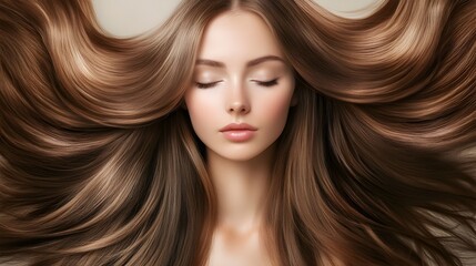 Naklejka premium Gorgeous Woman with Flowing Wavy Brown Hair in a Professional Glamour Portrait
