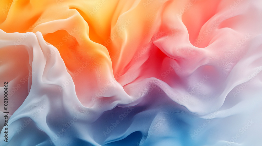 Poster an abstract background with flowing, colorful shapes that resemble fabric or liquid forms, creating 