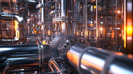 Naklejka premium A tight shot of polished reactor vessels and advanced cracking units connected by a maze of pipes.
