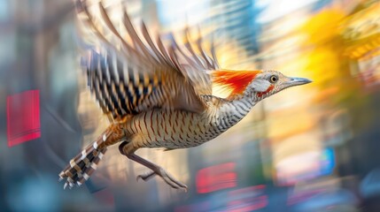 Urban Bird Photography, vibrant colors, city backdrop, dynamic action, photography