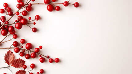 A stunning arrangement of vibrant red berries alongside delicate leaves creates a captivating visual experience, enhancing any creative or commercial presentation with its elegance