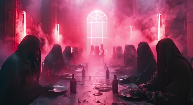Silhouetted figures in hooded robes sit at a table in a dimly lit room with neon lights and smoke