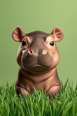 Naklejka premium Adorable Hippo Sitting in Lush Green Grass