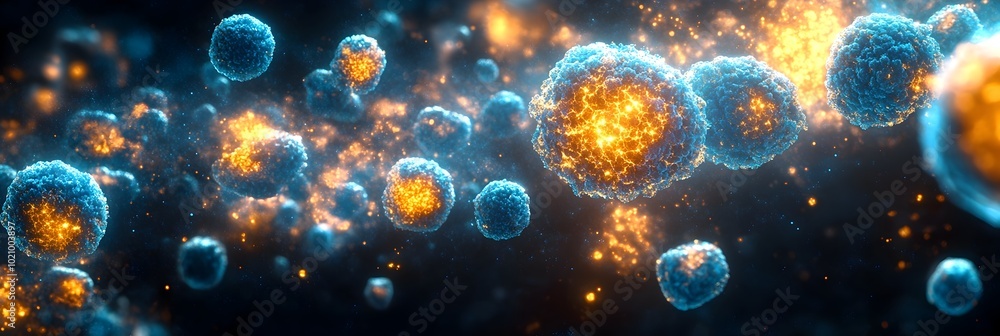 Poster dynamic and explosive abstract virus cells with fiery energy and chaotic motion in a futuristic,micr