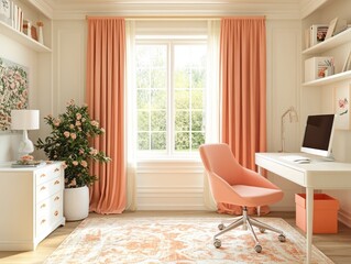 Bright and airy study room with cream walls and peach accents