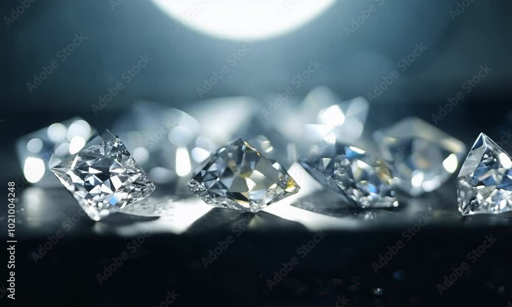 Poster a close up of several sparkling diamonds arranged on a dark surface illuminated by a bright light.