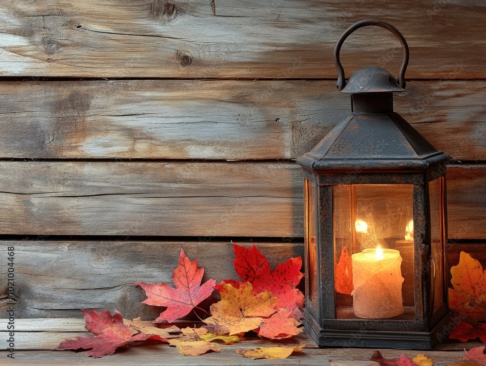 Sticker Romantic lantern with autumn leaves on rustic wooden background with space for text