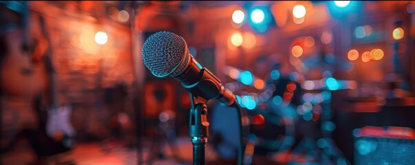 Urban Open Mic Night, vibrant colors, dynamic scenes, indoor setting, photography