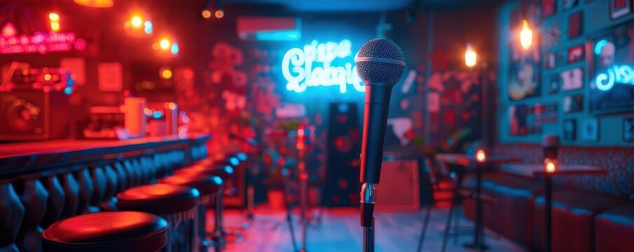 Urban Open Mic Night, vibrant colors, dynamic scenes, indoor setting, photography