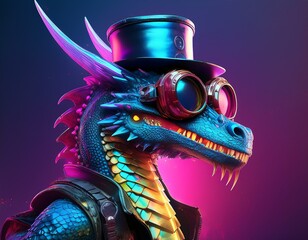 Cyberpunk dragon with huge glasses and futuristic steampunk hat in sci-fi dystopia style, high contrast, hyper realistic, fantasy, bright colors, neon, purple, pink, blue