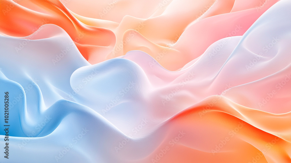 Poster an abstract background with flowing, colorful shapes that resemble fabric or liquid forms, creating 
