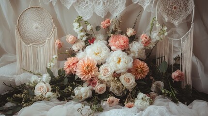 A dreamy arrangement of flowers set against soft fabrics and dreamcatchers, creating a whimsical and enchanting atmosphere