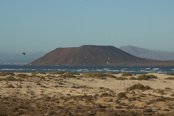 landscape, of sand beach on sunny and volcanic island