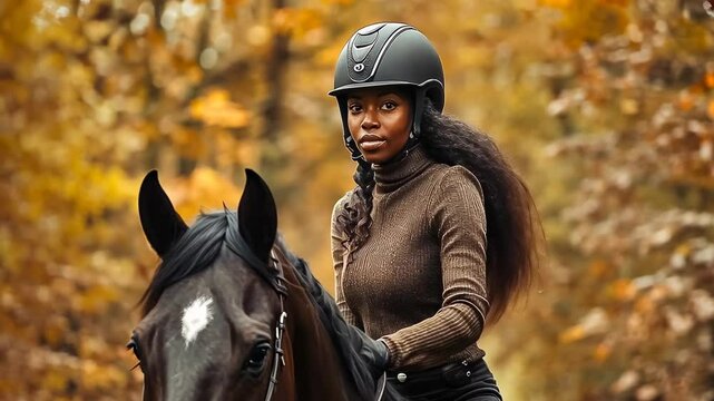A young Black woman rides a horse, clad in equestrian gear, amidst vibrant autumn leaves. The afternoon light enhances the serene, majestic mood of this outdoor adventure.