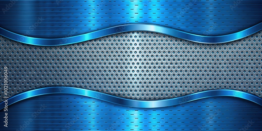 Poster abstract metallic background with wavy blue stripes and perforated texture