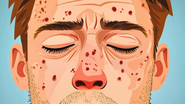 A close-up illustration of a man's face with acne
