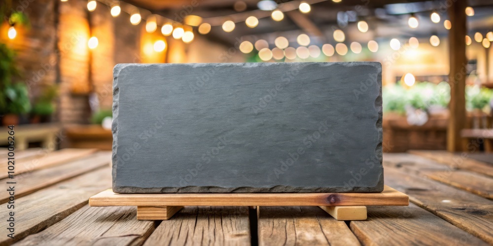 Aufkleber Empty Slate Signboard on Wooden Table with String Lights in Background