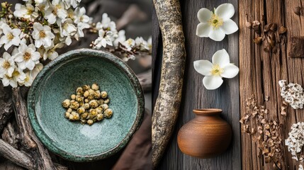 A floral collage featuring flowers alongside handmade pottery and rustic wood, emphasizing the beauty of craftsmanship