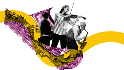 Poster. Contemporary art collage. Musicians playing violin, sax and guitar, with bold yellow and pink waves signifying blend of different styles and generations. Concept of musical events, rhythm. Ad