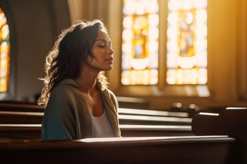 Faithful Woman in Prayer at Church