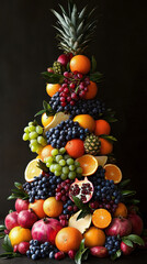 A beautifully arranged pyramid of colorful fruits includes grapes, pomegranates, and oranges, artistically styled to depict nature's vibrant bounty and freshness.