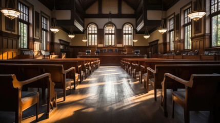 Vintage Courtroom: Wooden Tables, Chairs, and Stained Glass Windows