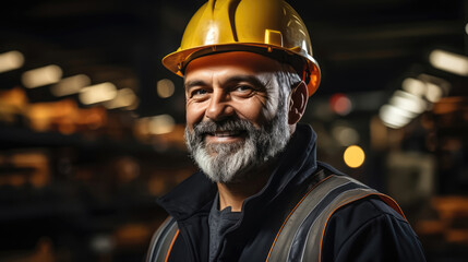 Smiling Adult Man in Uniform and Hard Hat at Production Site