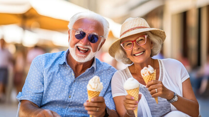 Elderly Couple Delights in Shared Ice Cream Moment