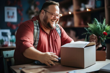 Confident Adult Man with Down Syndrome Packing Goods in Cardboard Box