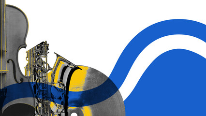 Poster. Contemporary art collage. Combination of violin, saxophone, and tuba against bold blue...
