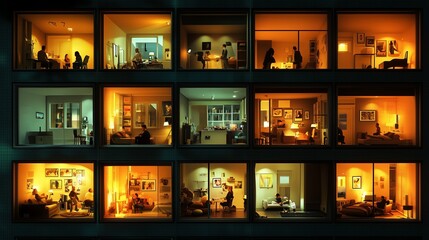 Vibrant nighttime view of multiple apartments showcasing varied activities and warm lighting in a city building