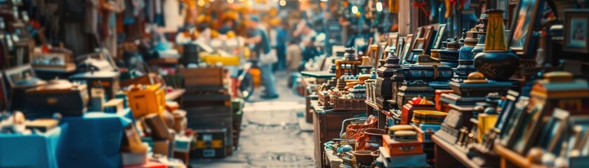 Vintage Antiques Market, vibrant colors, eclectic items, bustling crowds, photography