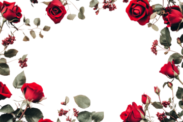 A beautiful arrangement of red roses and greenery framing a blank space, perfect for invitations or romantic themes.