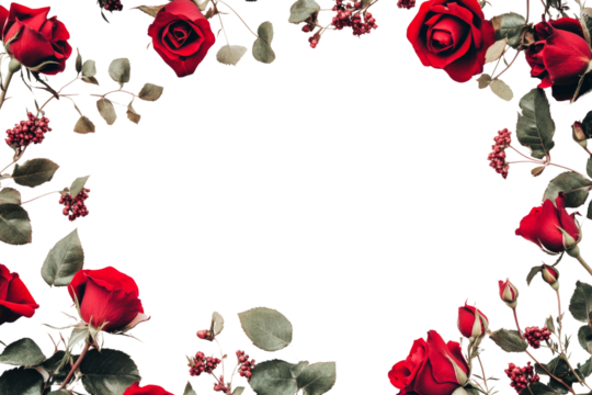 A beautiful arrangement of red roses and greenery framing a blank space, perfect for invitations or romantic themes.