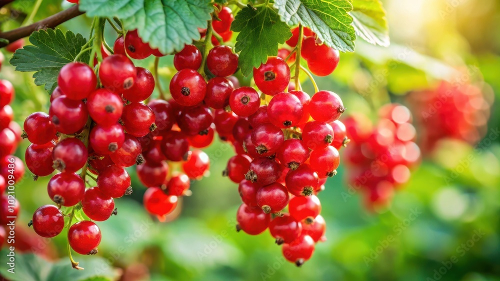Aufkleber a cluster of ripe red currants hanging from a branch, illuminated by warm sunlight, with a soft focu